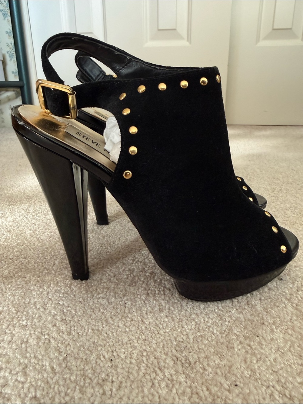 Steve Madden Black Suede Peep-Toe Slingback Heels with Gold Studs
